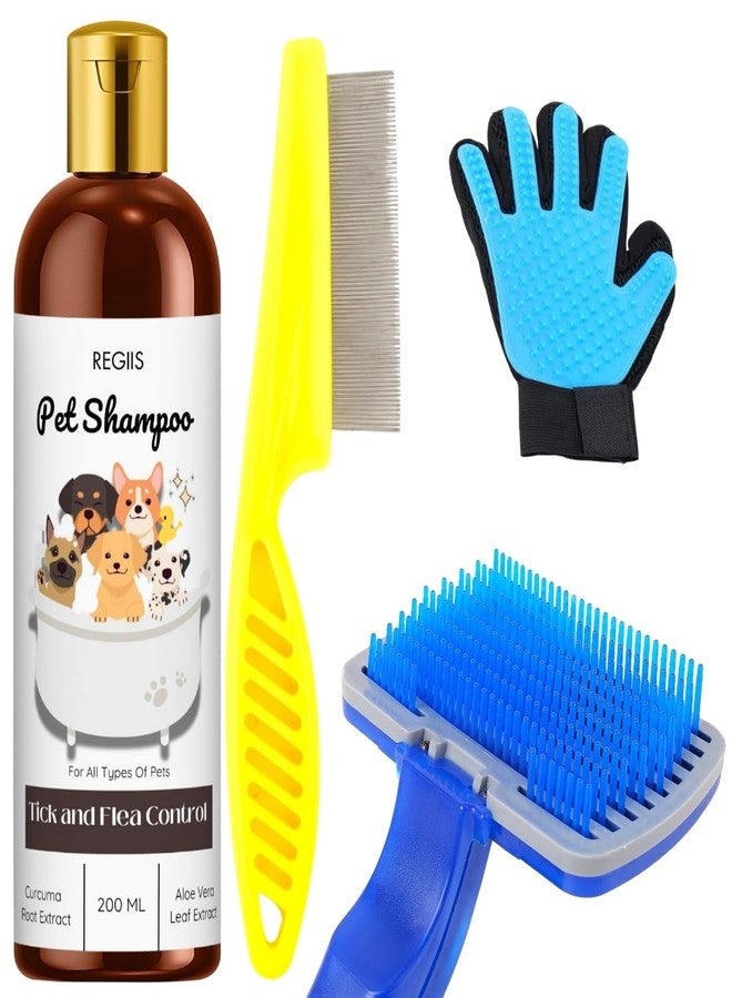 مجموعة العناية بالحيوانات الأليفة، شامبو لمكافحة القراد والبراغيث مع خلاصة الكركم والصبار، 200 مل، تتضمن فرشاة إزالة الشعر الزائد، وقفاز للعناية، ومشط للبراغيث للكلاب والقطط (عبوة من 4 قطع) - Image 1